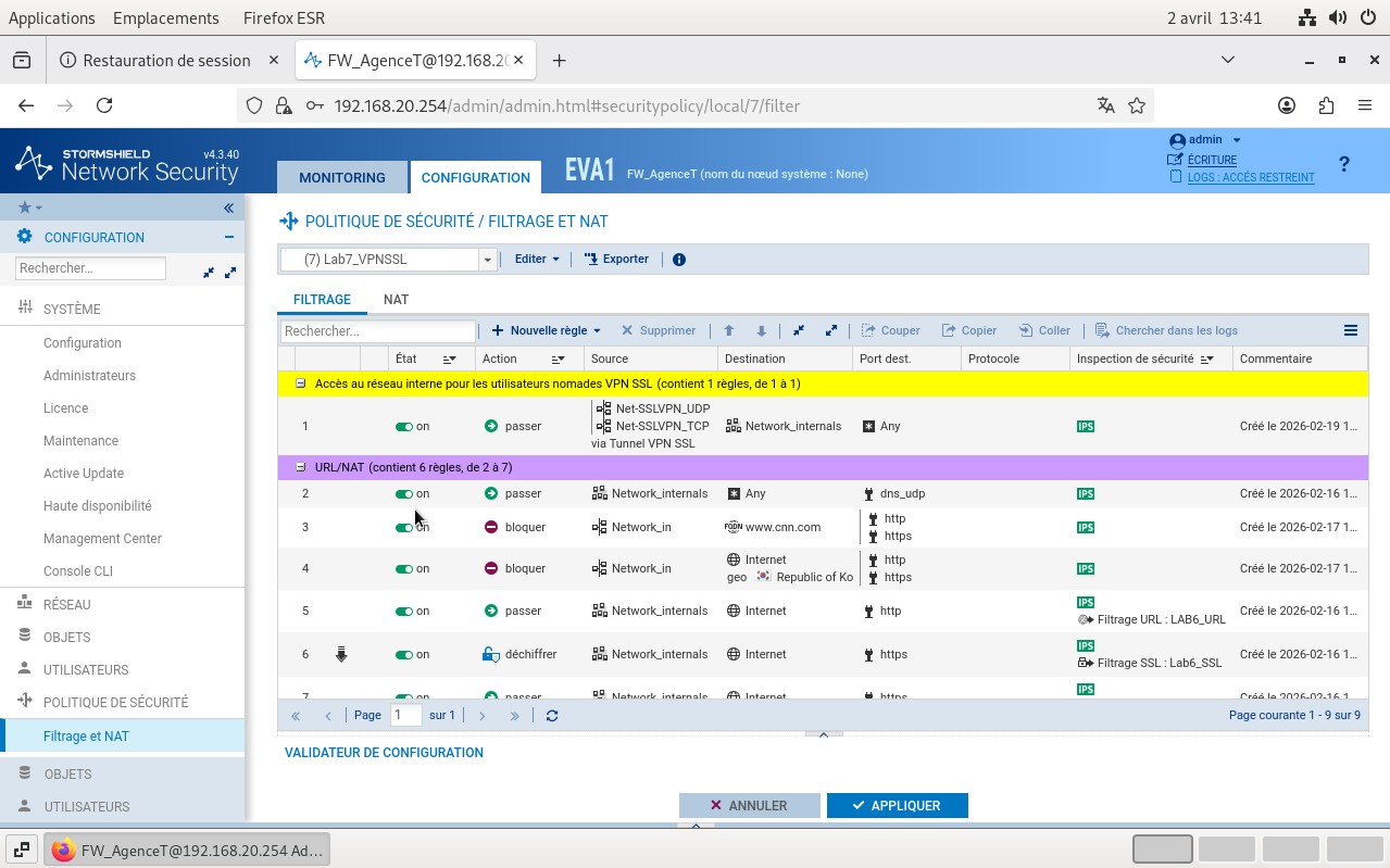 Interface de gestion du Pare-feu
